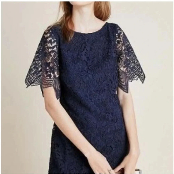 Anthropologie Charleston Lace Dress Navy Blue Scalloped Hem Feminine Chic Size 2 - Picture 2 of 11